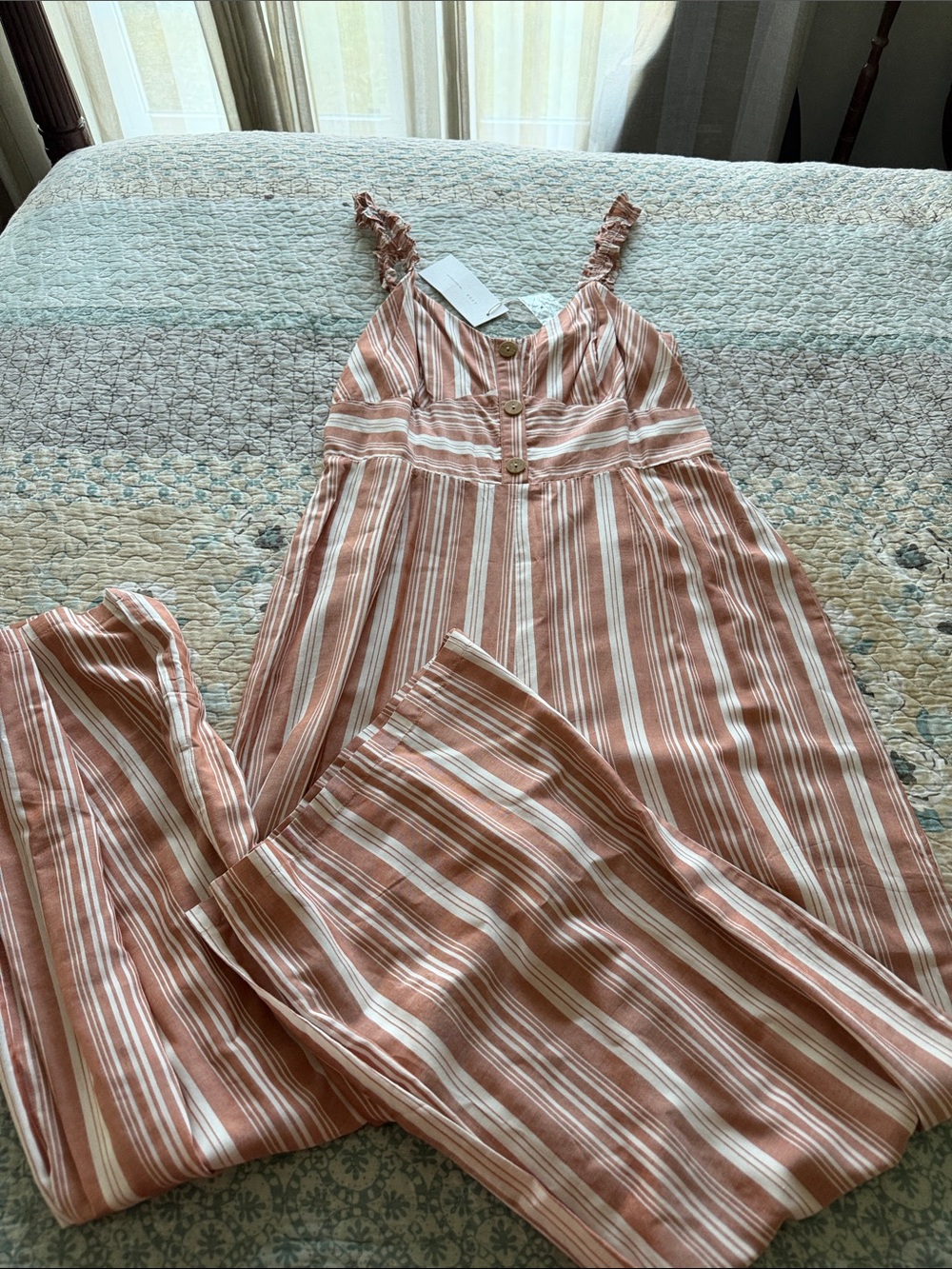 Lush Rust and White Striped Button-Front Jumpsuit